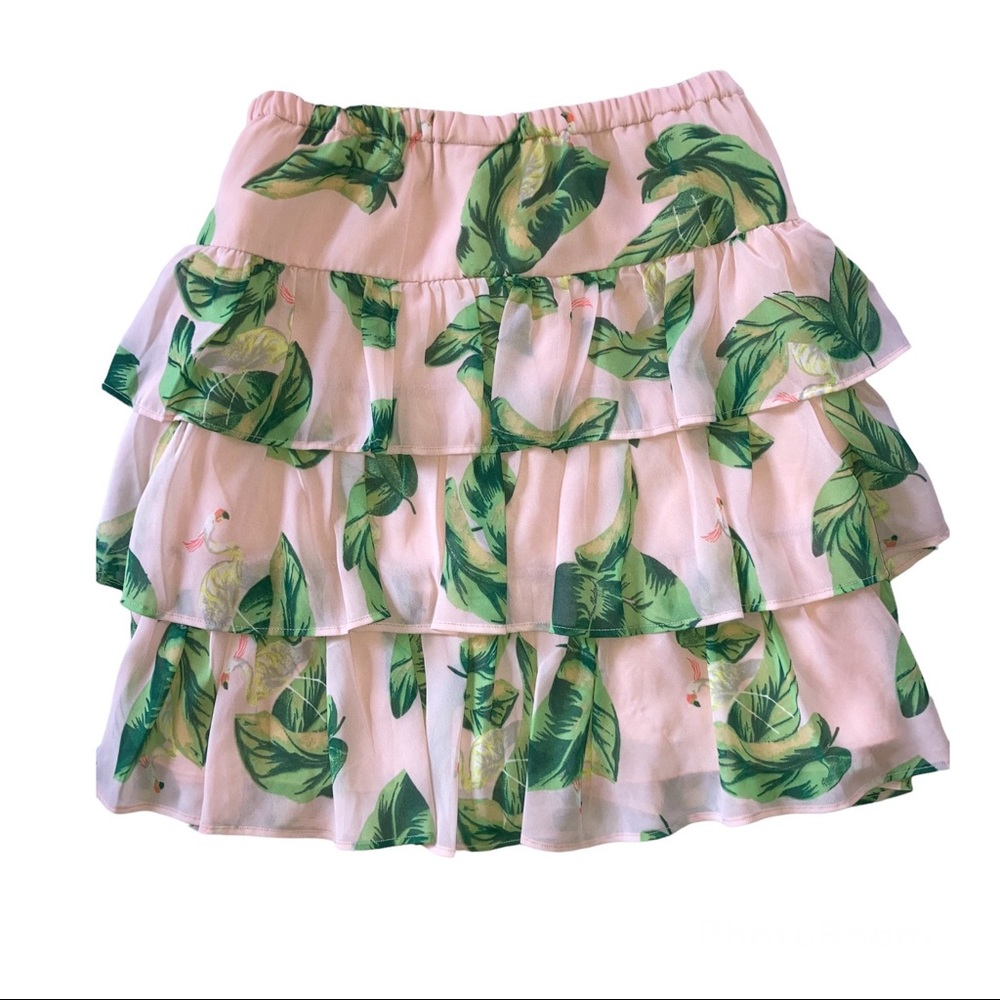 The Webster Miami Tropical Palm Flamingo Pink Tiered Ruffle Skirt EUC Small